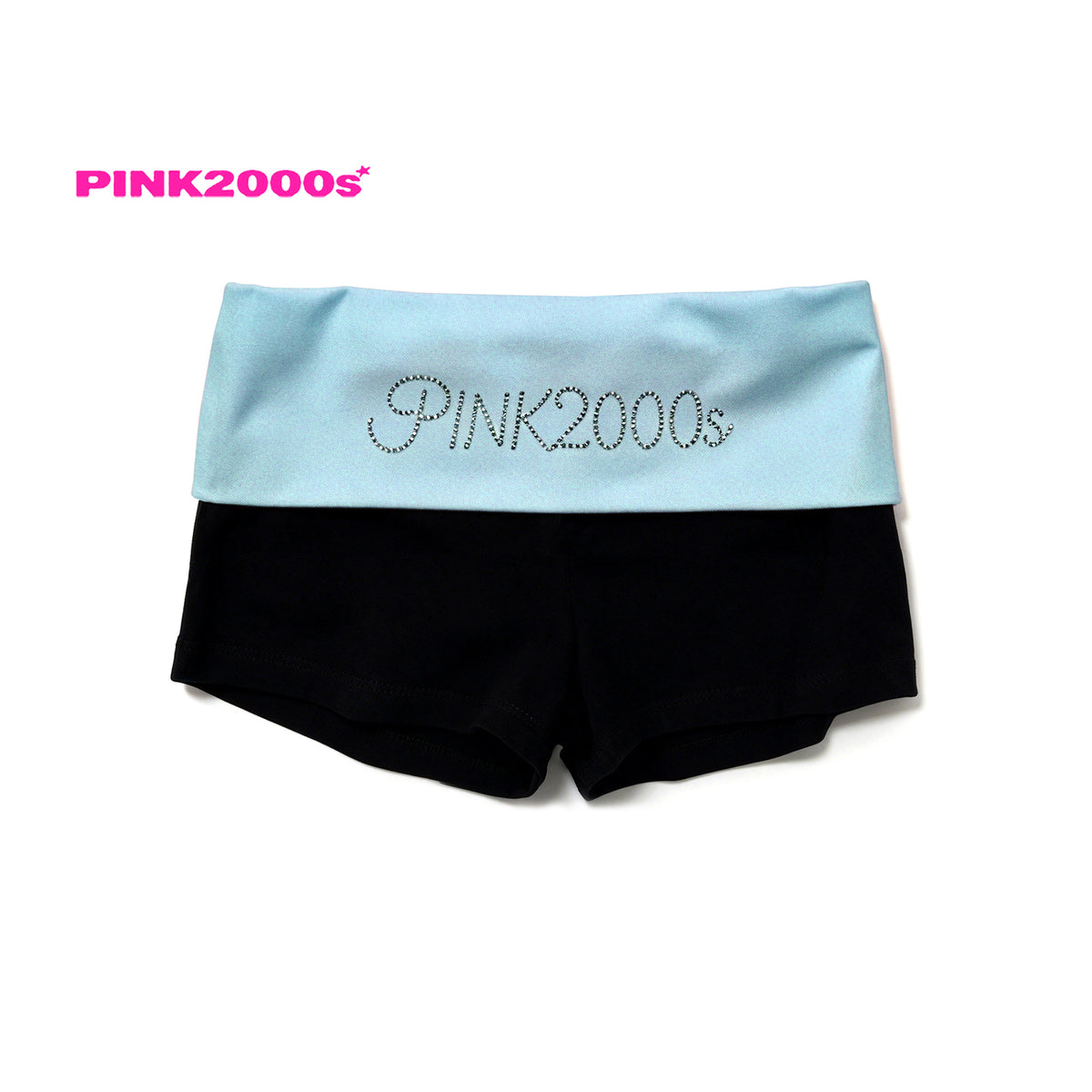 Y2K Rhinestone Fold-Over Waist Shorts – Sky Blue