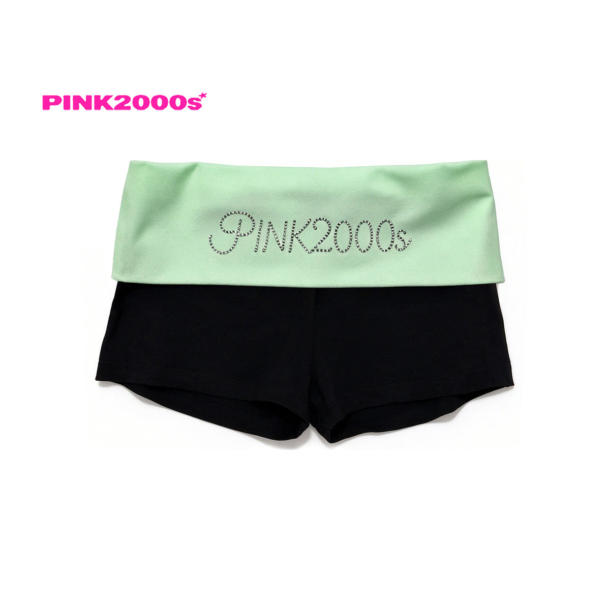 Y2K Rhinestone Fold-Over Waist Shorts – Light Green