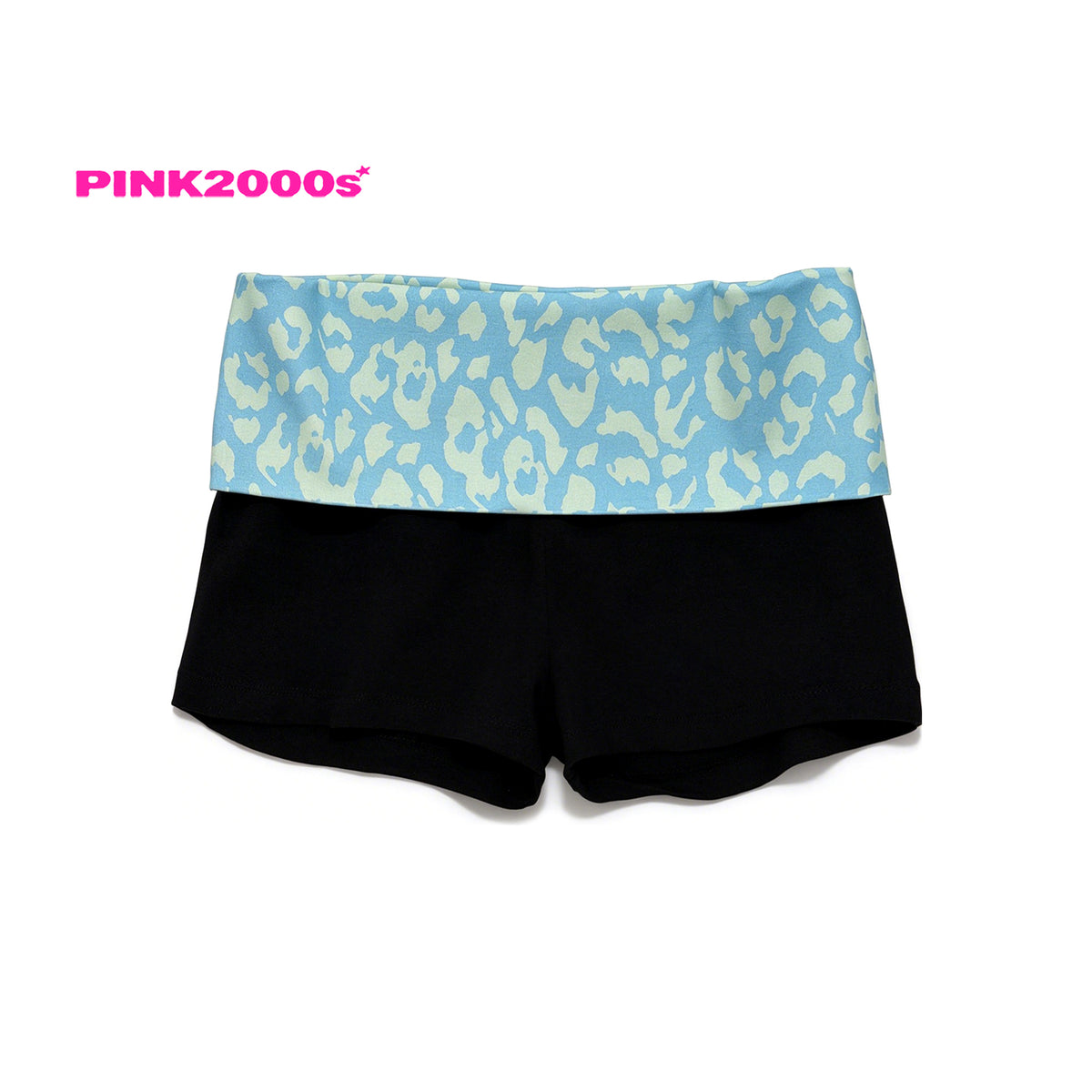 Y2K Fold-Over Waist Shorts – Pastel Blue Leopard